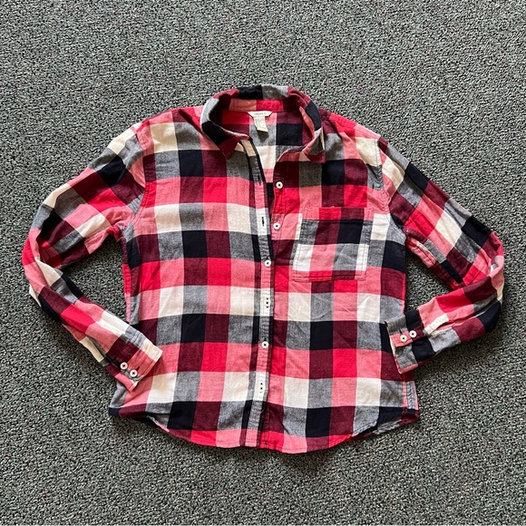 FOREVER21 Red Black & White Plaid Long-Sleeve Button Down Shirt Modest Top Sz S - Picture 6 of 16